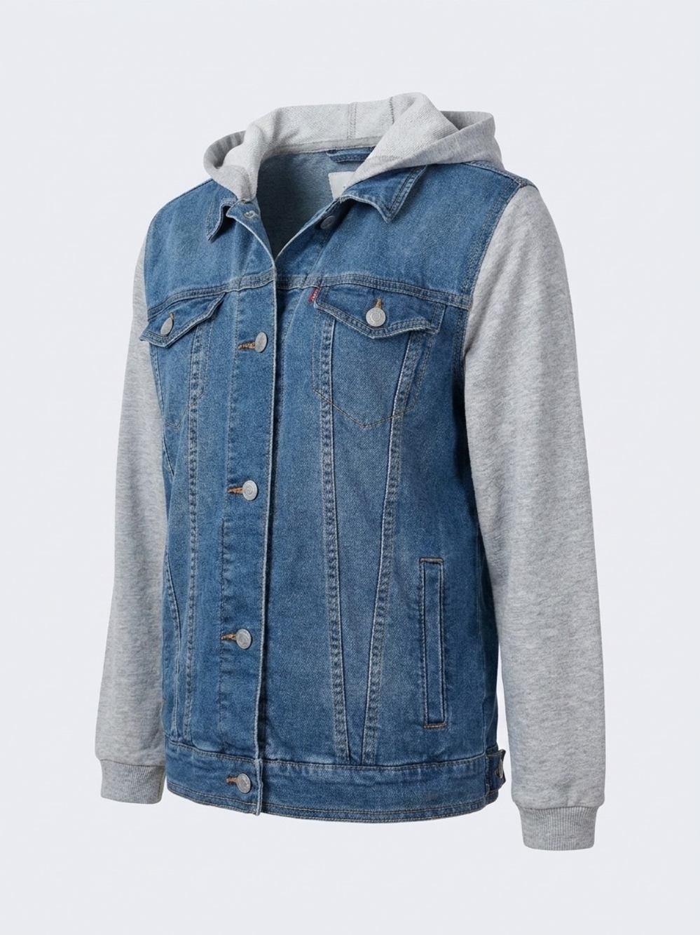 Levi's Boys' Blue Denim Jacket with Gray Hoodie Sleeves